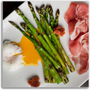 Grilled Asparagus with Prosciutto, Fried Bread, Poached Egg, and Aged Balsamic Vinegar